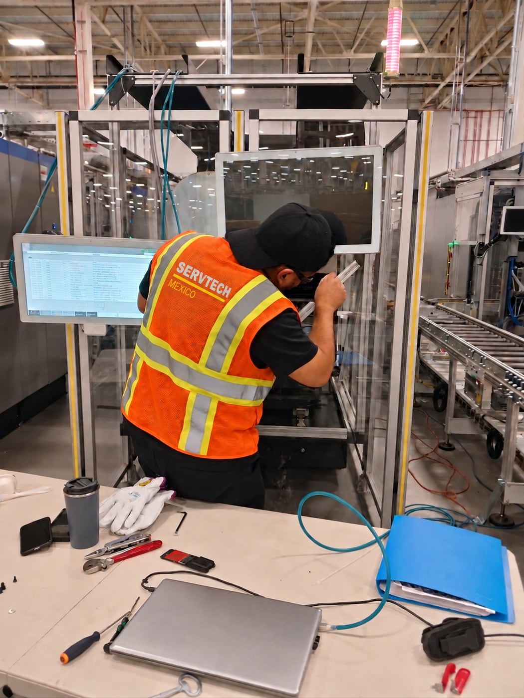 A ServTech Mexico engineer servicing an automated assembly cell.