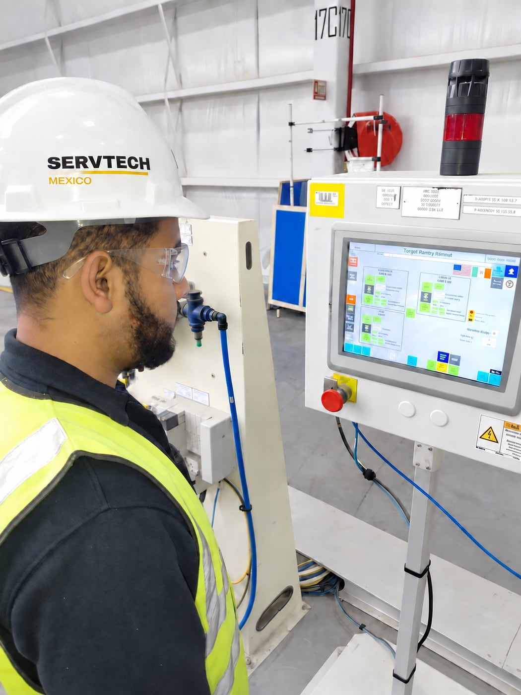 A ServTech Mexico technician monitoring a machine HMI.