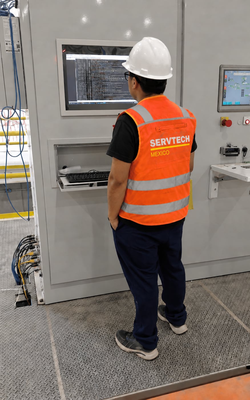 A ServTech Mexico engineer working at an industrial control terminal.