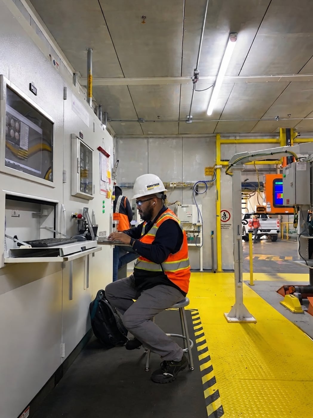 A ServTech Mexico field engineer working at a machine interface.