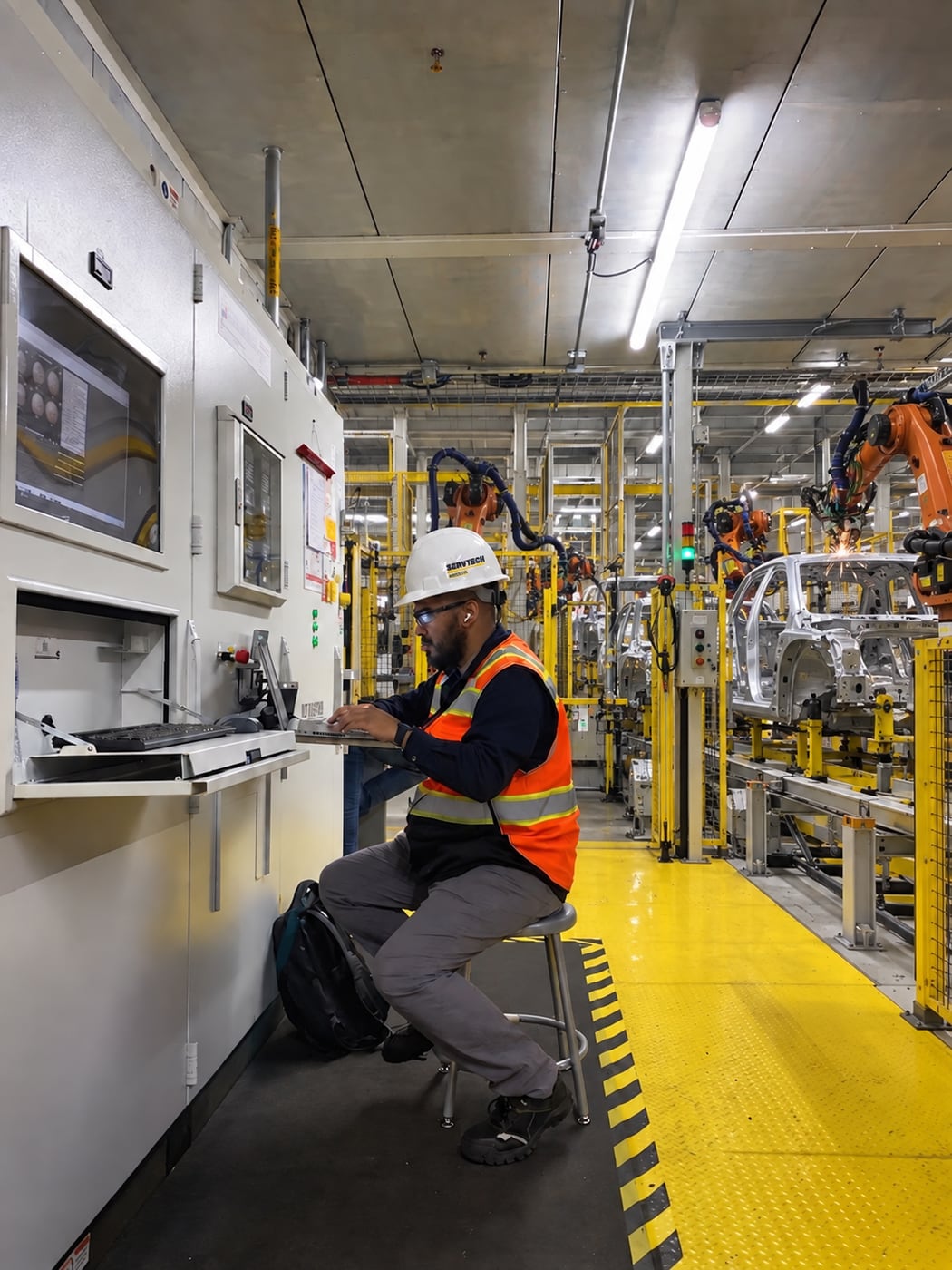 A ServTech Mexico field engineer beside a robotic automotive assembly line.